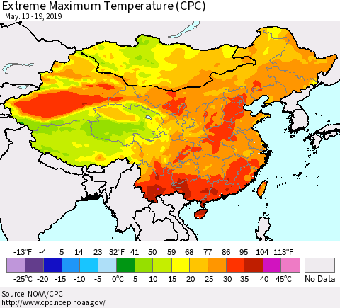 China, Mongolia and Taiwan Maximum Daily Temperature (CPC) Thematic Map For 5/13/2019 - 5/19/2019
