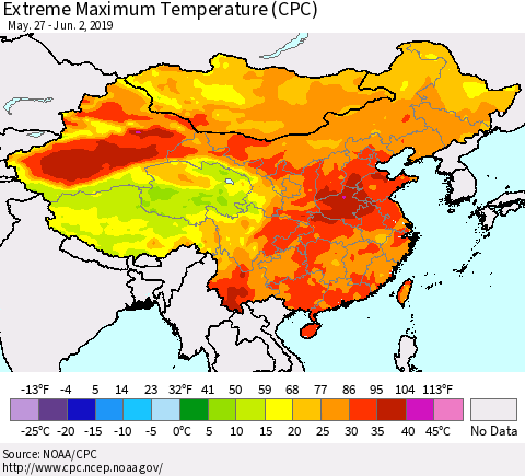 China and Taiwan Extreme Maximum Temperature (CPC) Thematic Map For 5/27/2019 - 6/2/2019