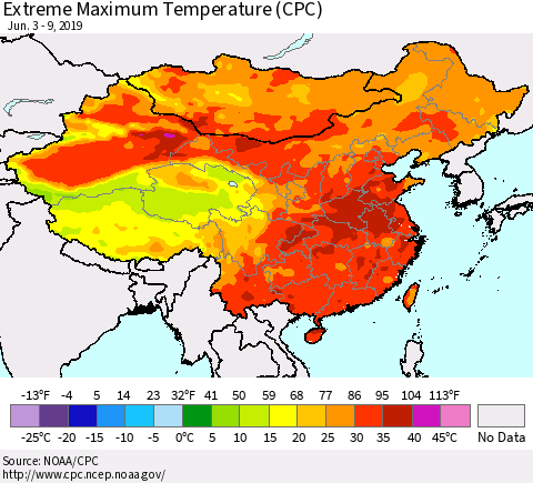 China and Taiwan Maximum Daily Temperature (CPC) Thematic Map For 6/3/2019 - 6/9/2019