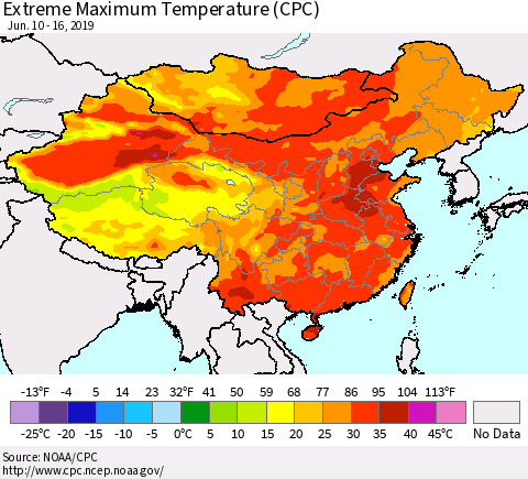 China, Mongolia and Taiwan Maximum Daily Temperature (CPC) Thematic Map For 6/10/2019 - 6/16/2019