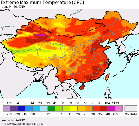 China, Mongolia and Taiwan Maximum Daily Temperature (CPC) Thematic Map For 6/24/2019 - 6/30/2019