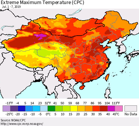 China and Taiwan Extreme Maximum Temperature (CPC) Thematic Map For 7/1/2019 - 7/7/2019