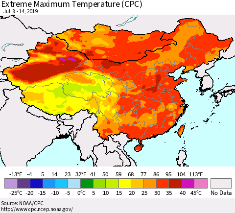 China and Taiwan Extreme Maximum Temperature (CPC) Thematic Map For 7/8/2019 - 7/14/2019