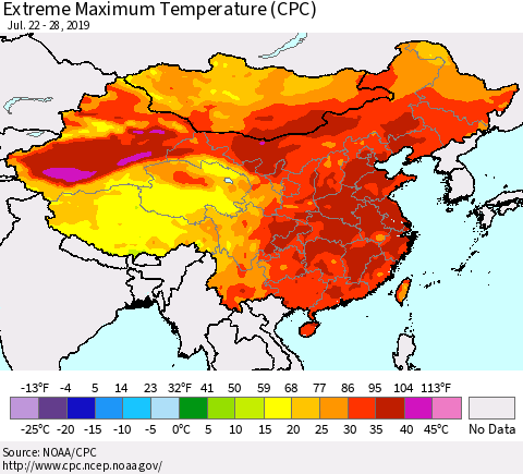 China, Mongolia and Taiwan Maximum Daily Temperature (CPC) Thematic Map For 7/22/2019 - 7/28/2019