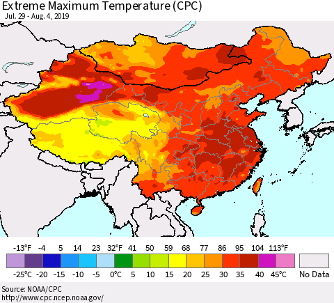China and Taiwan Extreme Maximum Temperature (CPC) Thematic Map For 7/29/2019 - 8/4/2019