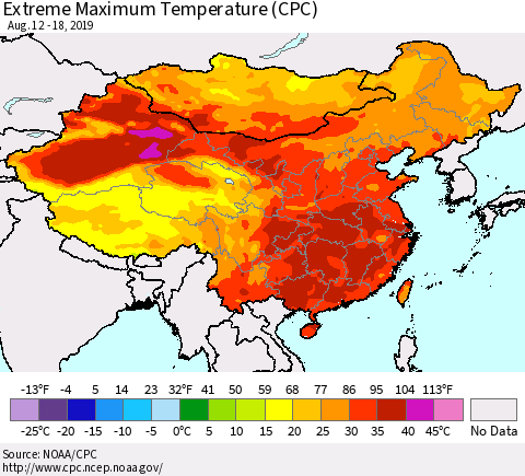 China and Taiwan Extreme Maximum Temperature (CPC) Thematic Map For 8/12/2019 - 8/18/2019