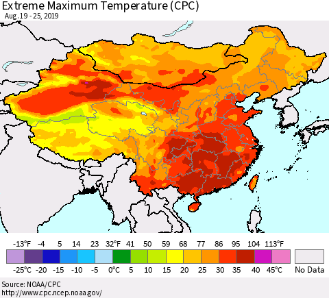 China and Taiwan Extreme Maximum Temperature (CPC) Thematic Map For 8/19/2019 - 8/25/2019