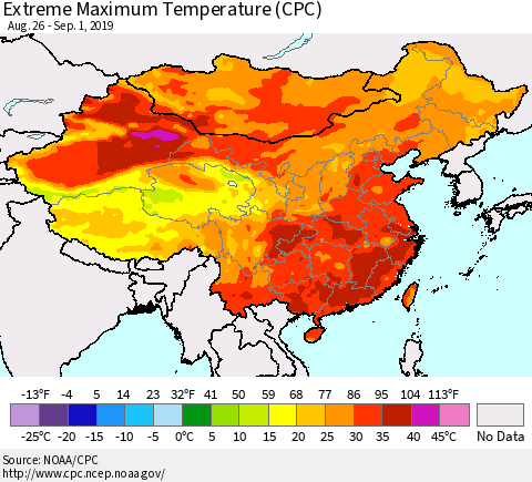 China and Taiwan Extreme Maximum Temperature (CPC) Thematic Map For 8/26/2019 - 9/1/2019