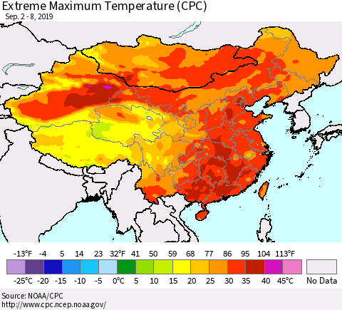 China, Mongolia and Taiwan Maximum Daily Temperature (CPC) Thematic Map For 9/2/2019 - 9/8/2019