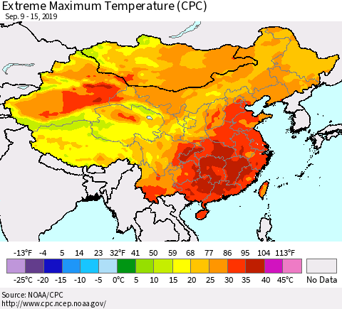 China and Taiwan Extreme Maximum Temperature (CPC) Thematic Map For 9/9/2019 - 9/15/2019