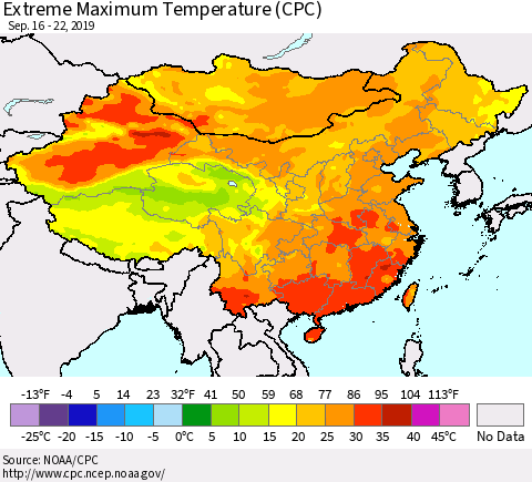 China and Taiwan Extreme Maximum Temperature (CPC) Thematic Map For 9/16/2019 - 9/22/2019
