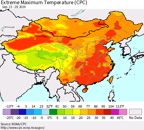 China and Taiwan Extreme Maximum Temperature (CPC) Thematic Map For 9/23/2019 - 9/29/2019