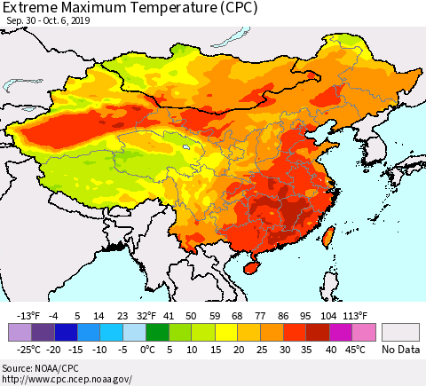 China and Taiwan Extreme Maximum Temperature (CPC) Thematic Map For 9/30/2019 - 10/6/2019