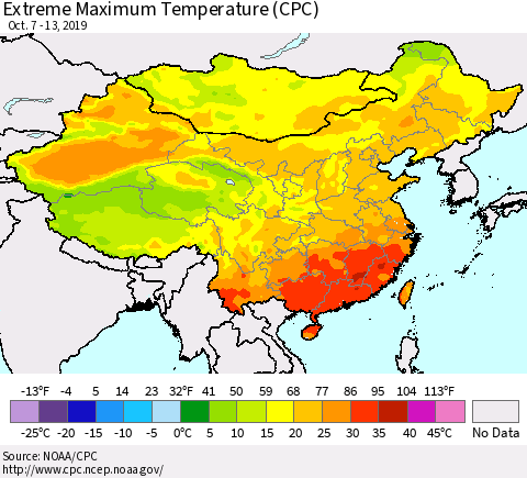 China and Taiwan Extreme Maximum Temperature (CPC) Thematic Map For 10/7/2019 - 10/13/2019