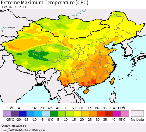 China, Mongolia and Taiwan Maximum Daily Temperature (CPC) Thematic Map For 10/14/2019 - 10/20/2019