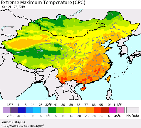 China and Taiwan Extreme Maximum Temperature (CPC) Thematic Map For 10/21/2019 - 10/27/2019