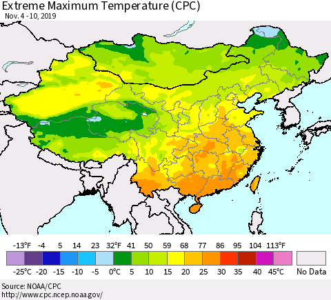 China, Mongolia and Taiwan Maximum Daily Temperature (CPC) Thematic Map For 11/4/2019 - 11/10/2019