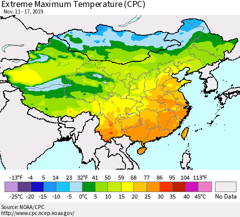 China, Mongolia and Taiwan Maximum Daily Temperature (CPC) Thematic Map For 11/11/2019 - 11/17/2019