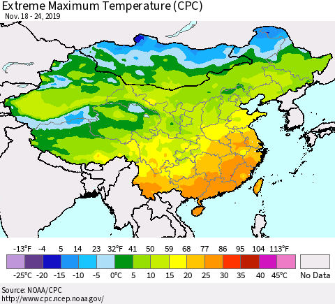 China, Mongolia and Taiwan Maximum Daily Temperature (CPC) Thematic Map For 11/18/2019 - 11/24/2019