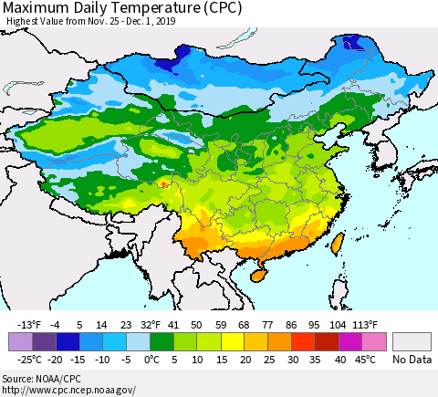 China, Mongolia and Taiwan Maximum Daily Temperature (CPC) Thematic Map For 11/25/2019 - 12/1/2019