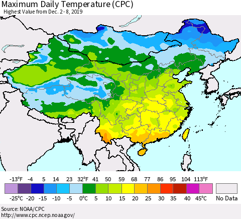 China, Mongolia and Taiwan Maximum Daily Temperature (CPC) Thematic Map For 12/2/2019 - 12/8/2019