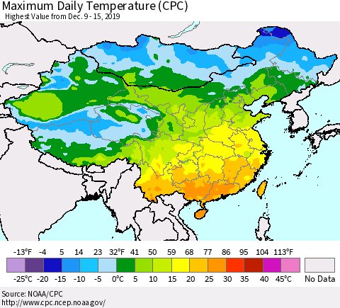 China, Mongolia and Taiwan Maximum Daily Temperature (CPC) Thematic Map For 12/9/2019 - 12/15/2019