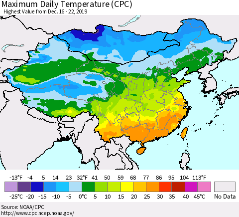 China, Mongolia and Taiwan Maximum Daily Temperature (CPC) Thematic Map For 12/16/2019 - 12/22/2019