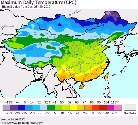 China, Mongolia and Taiwan Maximum Daily Temperature (CPC) Thematic Map For 12/23/2019 - 12/29/2019