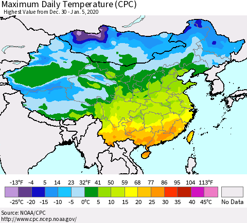 China, Mongolia and Taiwan Maximum Daily Temperature (CPC) Thematic Map For 12/30/2019 - 1/5/2020