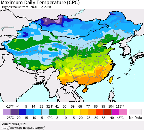 China, Mongolia and Taiwan Maximum Daily Temperature (CPC) Thematic Map For 1/6/2020 - 1/12/2020