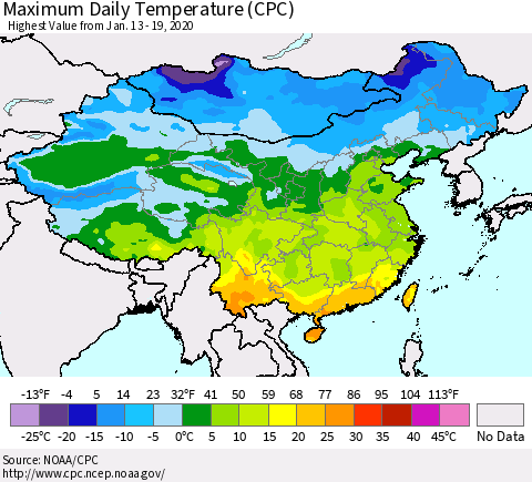 China, Mongolia and Taiwan Maximum Daily Temperature (CPC) Thematic Map For 1/13/2020 - 1/19/2020
