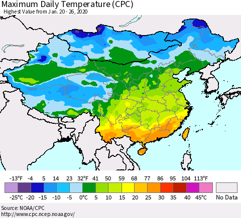 China, Mongolia and Taiwan Maximum Daily Temperature (CPC) Thematic Map For 1/20/2020 - 1/26/2020