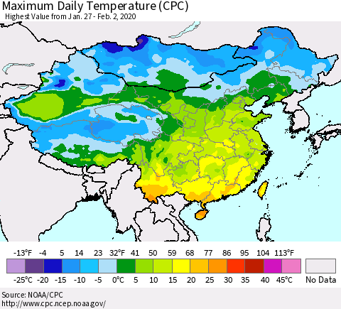 China, Mongolia and Taiwan Maximum Daily Temperature (CPC) Thematic Map For 1/27/2020 - 2/2/2020