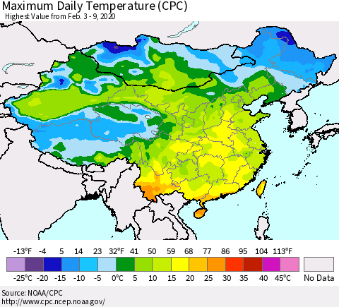 China, Mongolia and Taiwan Maximum Daily Temperature (CPC) Thematic Map For 2/3/2020 - 2/9/2020