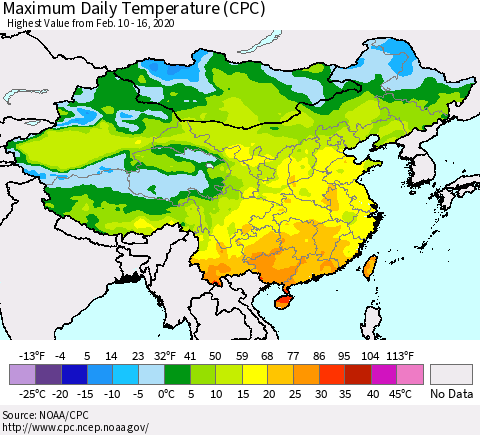 China, Mongolia and Taiwan Maximum Daily Temperature (CPC) Thematic Map For 2/10/2020 - 2/16/2020