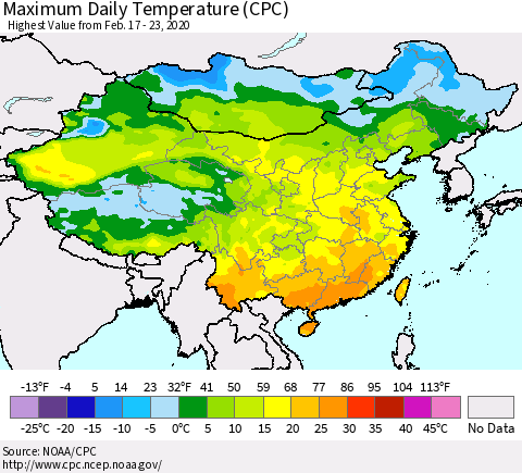 China, Mongolia and Taiwan Maximum Daily Temperature (CPC) Thematic Map For 2/17/2020 - 2/23/2020
