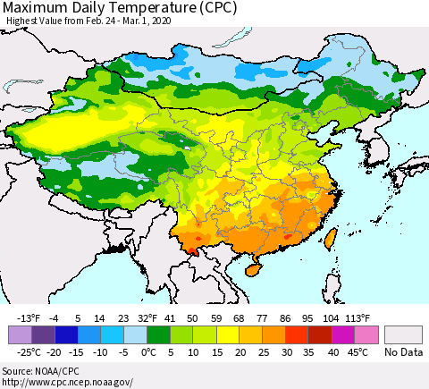 China, Mongolia and Taiwan Maximum Daily Temperature (CPC) Thematic Map For 2/24/2020 - 3/1/2020