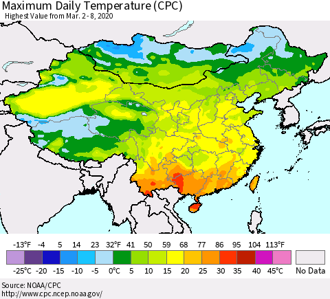 China, Mongolia and Taiwan Maximum Daily Temperature (CPC) Thematic Map For 3/2/2020 - 3/8/2020
