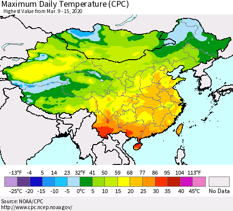 China, Mongolia and Taiwan Maximum Daily Temperature (CPC) Thematic Map For 3/9/2020 - 3/15/2020