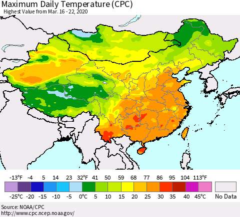 China, Mongolia and Taiwan Maximum Daily Temperature (CPC) Thematic Map For 3/16/2020 - 3/22/2020
