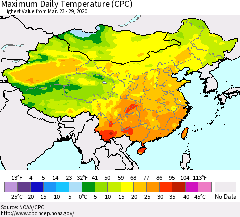 China, Mongolia and Taiwan Maximum Daily Temperature (CPC) Thematic Map For 3/23/2020 - 3/29/2020