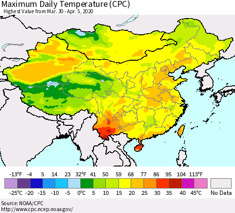 China, Mongolia and Taiwan Maximum Daily Temperature (CPC) Thematic Map For 3/30/2020 - 4/5/2020