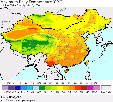 China, Mongolia and Taiwan Maximum Daily Temperature (CPC) Thematic Map For 4/6/2020 - 4/12/2020