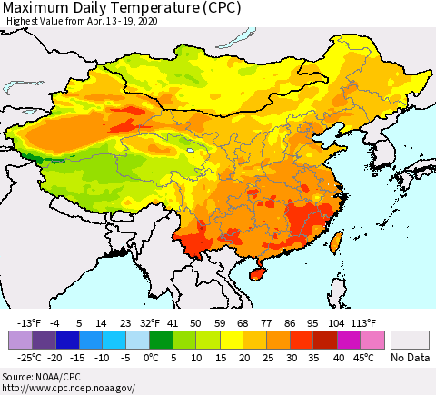 China, Mongolia and Taiwan Maximum Daily Temperature (CPC) Thematic Map For 4/13/2020 - 4/19/2020