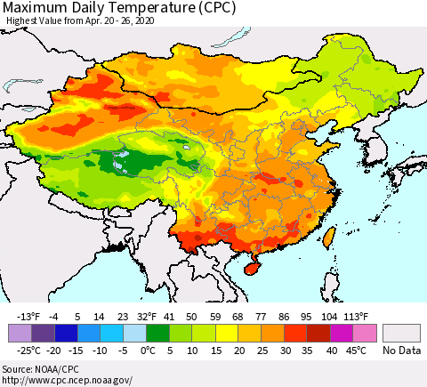 China, Mongolia and Taiwan Maximum Daily Temperature (CPC) Thematic Map For 4/20/2020 - 4/26/2020