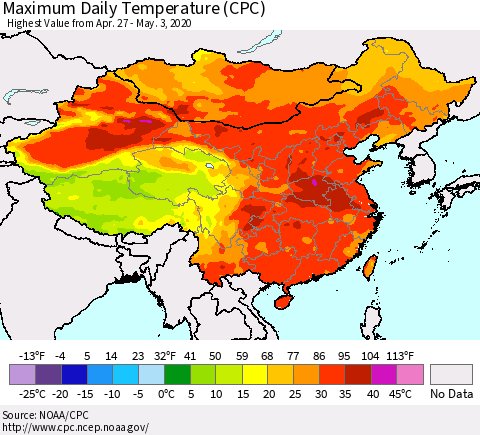 China, Mongolia and Taiwan Maximum Daily Temperature (CPC) Thematic Map For 4/27/2020 - 5/3/2020