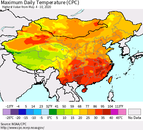 China, Mongolia and Taiwan Maximum Daily Temperature (CPC) Thematic Map For 5/4/2020 - 5/10/2020