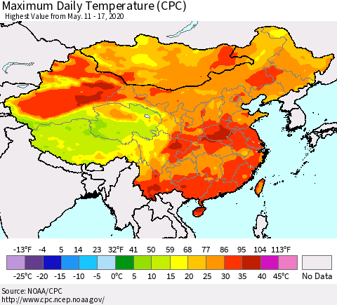China, Mongolia and Taiwan Maximum Daily Temperature (CPC) Thematic Map For 5/11/2020 - 5/17/2020