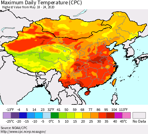China, Mongolia and Taiwan Maximum Daily Temperature (CPC) Thematic Map For 5/18/2020 - 5/24/2020