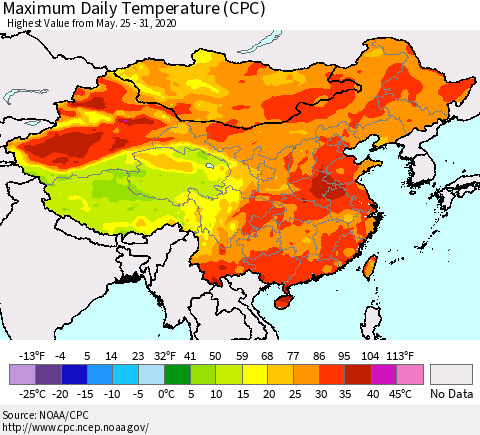 China, Mongolia and Taiwan Maximum Daily Temperature (CPC) Thematic Map For 5/25/2020 - 5/31/2020